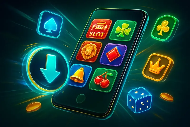 Glossy smartphone casino app banner with neon download icon and game tiles