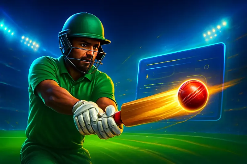 Cricket batter striking ball under stadium lights for sportsbook banner