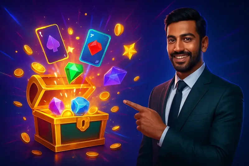 Glowing reward chest with cards, gems, coins, and stars bursting out