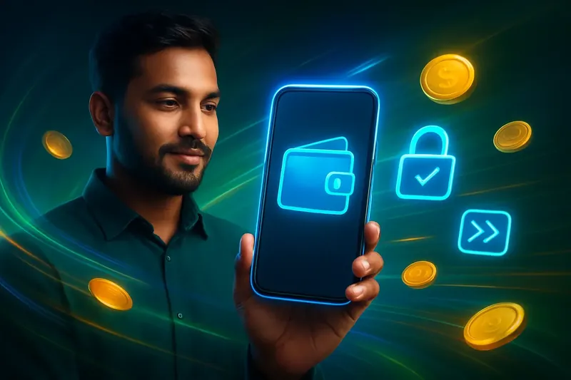 Hand holding smartphone with secure mobile wallet and casino payment glow