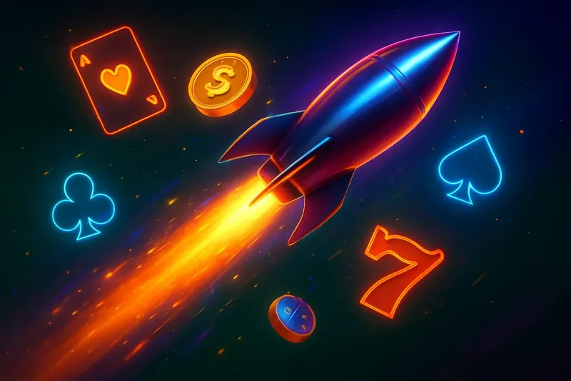 Glossy rocket launch casino banner with neon speed trails and game particles