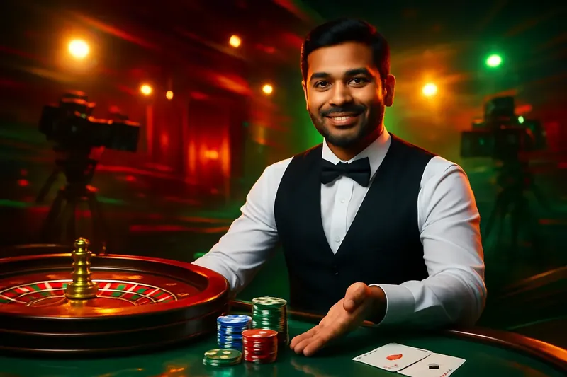 Friendly professional live dealer with roulette, cards, chips, and studio lights