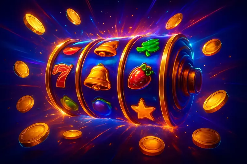 Colorful spinning slot machine reels with coins, sparkles, and neon glow